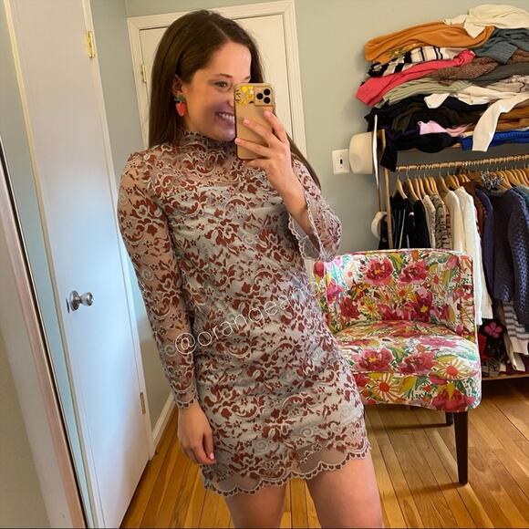 GANNI Blue Red Floral Lace Mockneck Long Sleeve Formal Mini Dress Comfy Event S - Picture 4 of 16